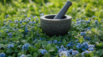 A granite mortar and pestle rest amidst delicate blue flowers in lush green foliage
