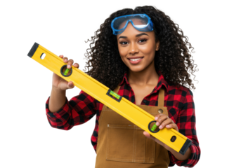 Young african american woman in a plaid shirt and apron holds a spirit level on a white background with copy space. Concept of empowerment in skilled trades.