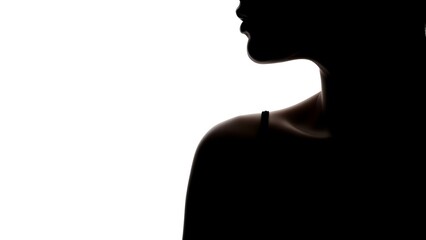 A Girls' silhouette against a stark white background, creating an abstract shape. Only the curve of the shoulder and jawline are defined, high-contrast, minimalist fine art.