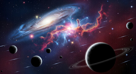 A cosmic landscape featuring planets and galaxies in a vibrant interstellar environment viewed from space