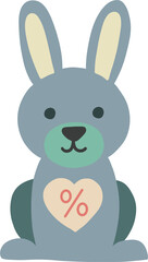 Cute blue bunny illustration with a percent symbol on a cream heart chest patch.