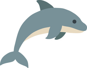 Minimalist flat design illustration of a friendly jumping blue dolphin isolated on a plain surface.