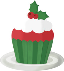 Festive holiday muffin dessert illustration with green leaves and berries.