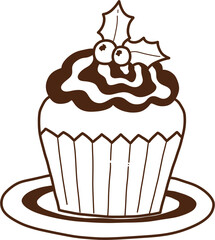 Hand drawn Christmas cupcake with holly berries illustration.