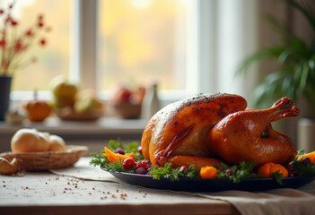 Roasted turkey on festive table on light blurred home background. National Roasting Month. Thanksgiving Festive celebration. Christmas dinner. Close-up.
