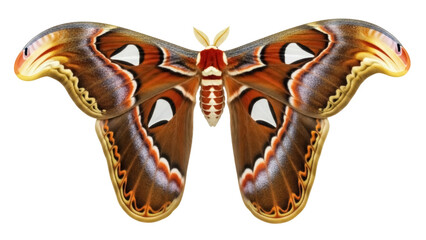 Large Attacus Atlas moth isolated PNG, brown and orange butterfly with transparent wings for nature and wildlife designs © PAPADOMUS