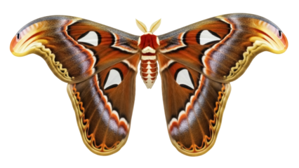 Large Attacus Atlas moth isolated PNG, brown and orange butterfly with transparent wings for nature and wildlife designs