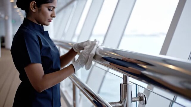 Young Woman in Dark Blue Uniform and White Gloves Diligently Wipes Down a Shiny Metal Handrail with a White Cloth Inside a Bright Corridor with Large Windows Showing a Distant Water Landscape