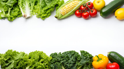 Colorful fresh vegetables lettuce kale corn cucumber tomato lemon yellow bell pepper isolated on white background