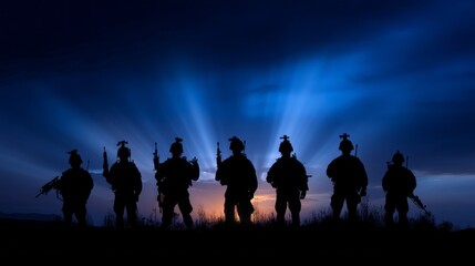 Against a stunning backdrop of dawn, silhouette figures of soldiers stand resolute, their outlines sharp as they prepare for the day's mission filled with bravery and purpose