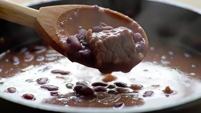 Macro-Focused Shot of Feijoada Being Mixed with Ladle Lifting Beans and Meat