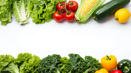 Colorful fresh vegetables lettuce kale corn cucumber tomato lemon yellow bell pepper isolated on white background