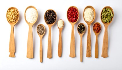 Array of spices and powders in wooden spoons aligned horizontally against a white backdrop, top-down view
