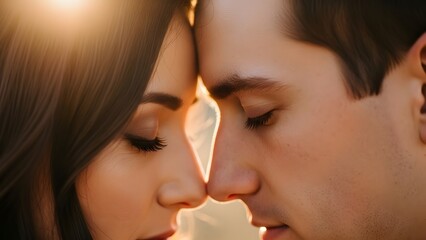 Close-up of couple&rsquo;s faces with foreheads touching, eyes closed, soft warm backlight, detailed eyelashes and skin texture, deeply emotional and intimate moment