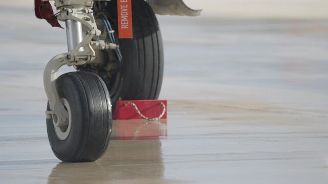 Aircraft landing gear standing on reflective wet runway surface with wheel chock positioned behind tire during ground safety procedure