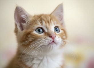 Obraz premium Adorable orange kitten with blue eyes gazing upward, head slightly tilted, showing calm expression and soft fur in shallow depth of field
