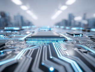 Futuristic electronic circuit board with glowing pathways illustrating advanced technology and digital connectivity in a modern high-tech environment