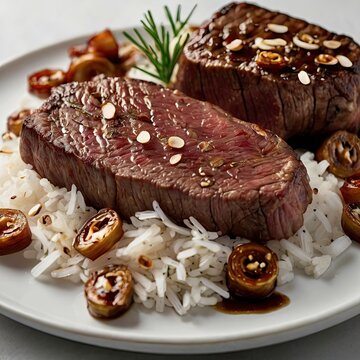 Hyper Realistic Thai Garlic Beef Rice (Khao Neua Kratiem) Isolated 3D Food Render