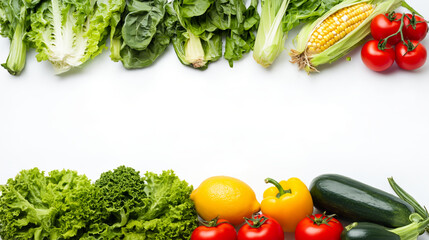 Colorful fresh vegetables lettuce kale corn cucumber tomato lemon yellow bell pepper isolated on white background