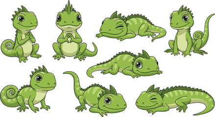 Naklejka premium Collection of adorable green chameleon cartoon characters in various poses isolated on white background, perfect for childrens books and educational materials