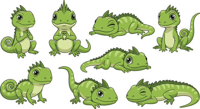Collection of adorable green chameleon cartoon characters in various poses isolated on white background, perfect for childrens books and educational materials