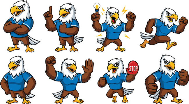 Cartoon eagle mascot character in different poses isolated on white background vector clip art illustration of a funny eagle character with various expressions