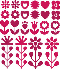 Decorative Vector Hearts and Flowers Graphic Elements Set
