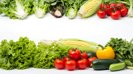Colorful fresh vegetables lettuce kale corn cucumber tomato lemon yellow bell pepper isolated on white background