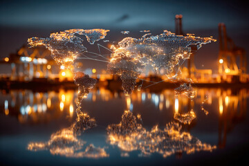 Illuminated digital world map with interconnected nodes symbolizing global communication and trade networks against a blurred industrial port at dusk with reflection