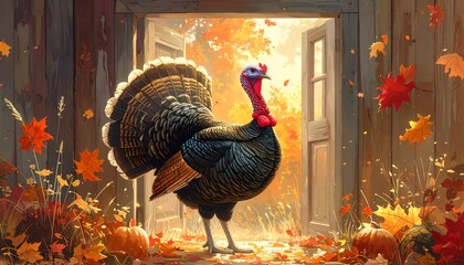 Artistic rendering of a turkey standing by an open door with fall leaves and pumpkins