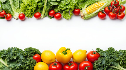 Colorful fresh vegetables lettuce kale corn cucumber tomato lemon yellow bell pepper isolated on white background