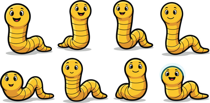 Set of cute cartoon worm characters isolated on white background vector illustration of funny yellow worm mascot with happy face, different poses