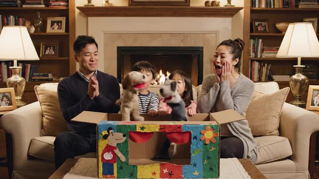 Family interacting with puppets inside box near fireplace