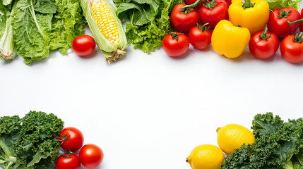 Fresh lettuce kale corn cucumber tomato lemon yellow bell pepper vegetable frame with copy space on white background