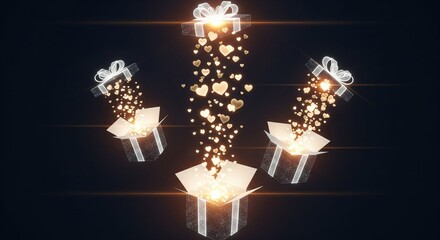 Floating light-made gift boxes opening to release glowing hearts on a dark cinematic background, symbolizing kindness, generosity, and selfless giving with copyspace.