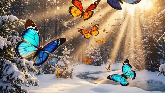 Magical fantasy landscape showing a snowy winter forest filled with colorful tropical butterflies flying in golden sunbeams near a frozen river