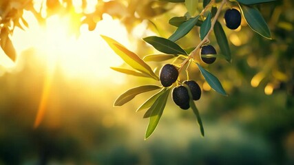 A serene and breathtaking olive branch is bathed gracefully in the warm glow of golden sunlight, set within an incredibly tranquil and picturesque landscape that radiates peace and harmony with nature