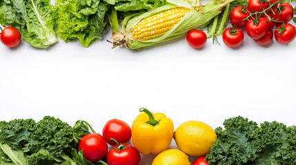 Fresh lettuce kale corn cucumber tomato lemon yellow bell pepper vegetable frame with copy space on white background