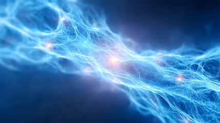 Blue abstract neural network and electric synapse energy on dark background. Concept of neuroscience, data connections, artificial intelligence, and technology innovation.