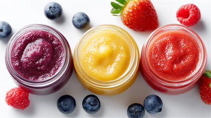 Three small jars of colorful fruit puree with blueberries, raspberries and strawberries on white background. Healthy snack, baby food, smoothie bowls and clean eating.