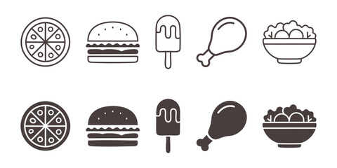 Set of fast food icon with pizza, burger, ice popsicle stick, salad and fried chicken