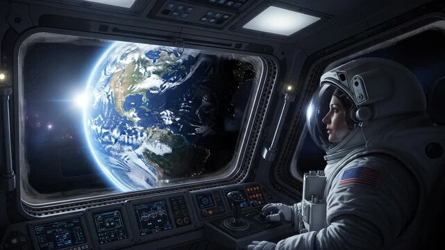Astronaut in space suit looking at earth from space station control panel