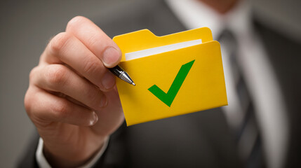 Businessman holding a yellow folder with a green checkmark symbolizing approval or successful completion of tasks in a professional setting with a suit background