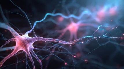 Neural Network Connection with Glowing Blue and Pink Neurons Abstract Brain Cell Structure on Dark Background