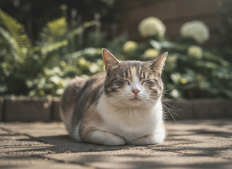 Gray and white cat with closed eyes rests peacefully on stone pavement outdoors, surrounded by soft focus greenery and blooming white flowers, radiating calm and contentment
