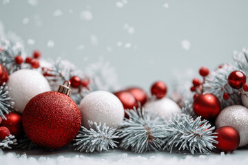Festive arrangement of red and white sparkling baubles with frosted pine branches and red berries capturing a winter holiday celebration atmosphere in soft focus bac