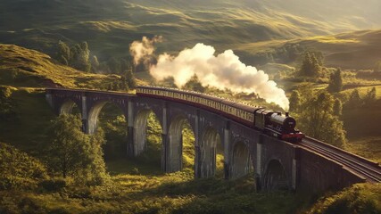 Vintage steam locomotive crossing an old stone bridge through golden sunlight and misty green valley, representing history, nostalgia and adventure romance of travel engineering countryside atmosphere
