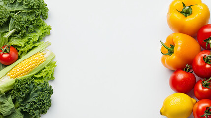 Fresh lettuce kale corn cucumber tomato lemon yellow bell pepper vegetable frame with copy space on white background