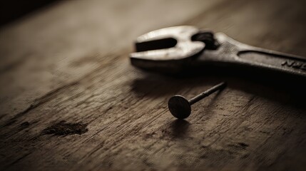 misuse. Wrench with a dented jaw resting beside a bent nail on a wooden surface under soft side lighting. safety posters.