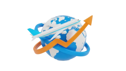 Blue and white airplane flying around the world with orange arrow isolated PNG, global business and travel concept on transparent background